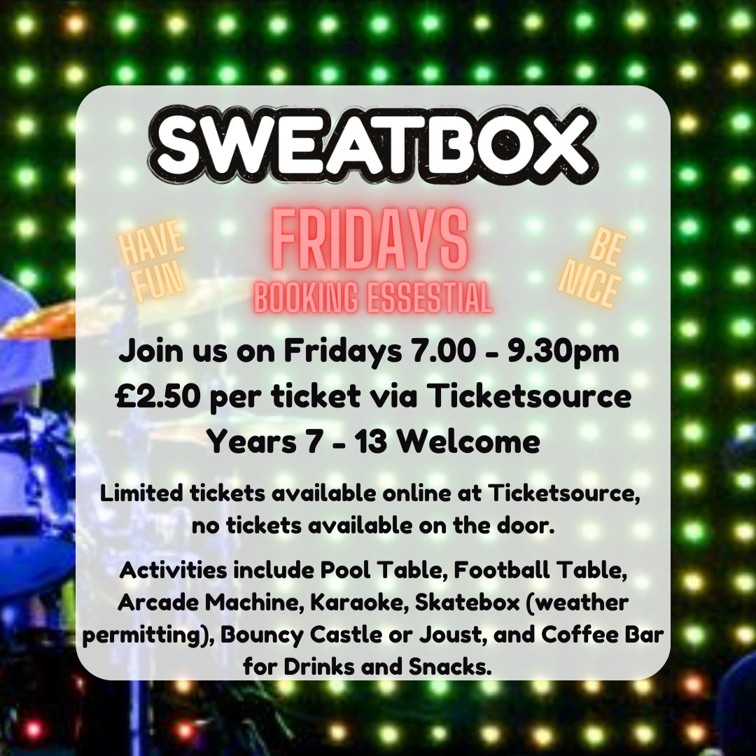 SweatboxWantage's tweet photo. IMPORTANT UPDATE - ONLINE BOOKINGS
Sweatbox is open on Friday 13th May, 7.00-9.30pm. 
To open safely we are offering limited tickets, these can be booked online at Ticketsource, ticket sales close at 6.00pm on Friday. Book early to avoid disappointment:  https://t.co/Z34Azv8opz https://t.co/WbCdQRjjdm