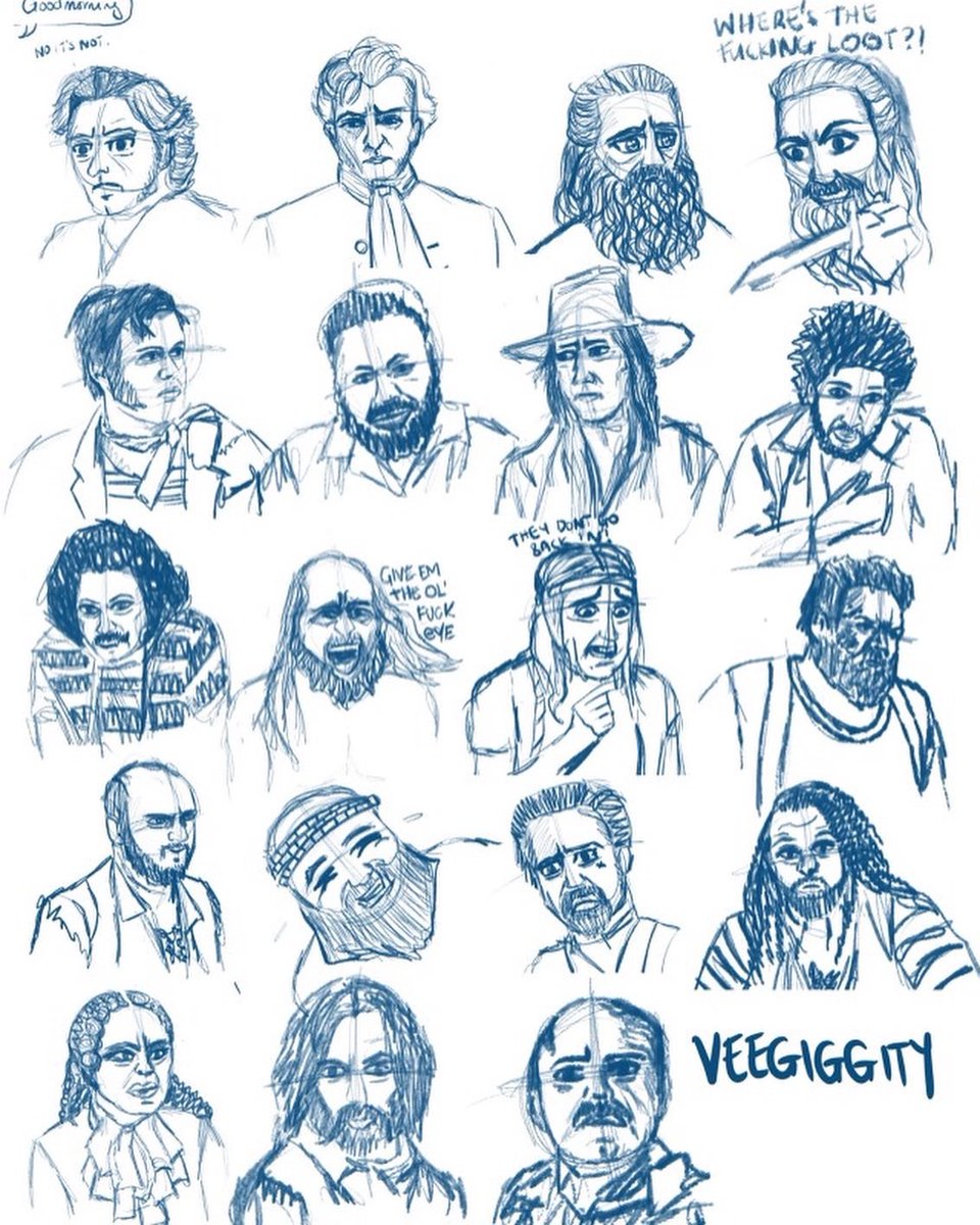 VeeGiggity's tweet photo. I kinda just wanted to draw a bit of everyone, so I set myself ten minutes to draw each character. #ofmd #RenewOurFlagMeansDeath #ourflagmeansdeathfanart #OurFlagMeansDeath #stedebonnet #blackbeard #sketches https://t.co/XR43GhINSz