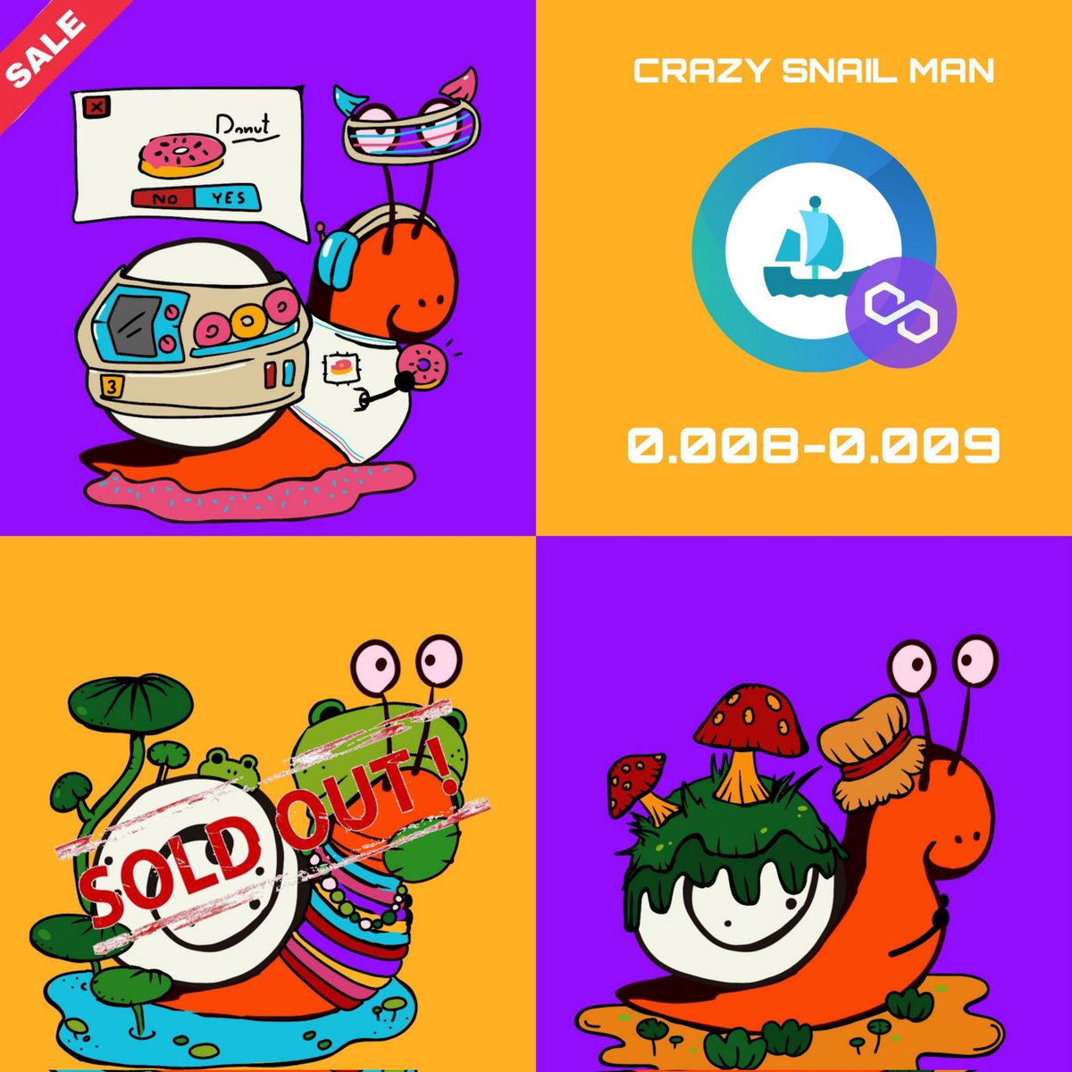 Xinnil1's tweet photo. ~Crazy snail man~ 🐌  (@0xPolygon)
New Drop!! 💜
Price : 0.008-0.009✨
Click link :https://t.co/F2oIv8YJN0
Available on @opensea  🌊

#NFTs 
#nftcollector  
#NFTTHAILAND 
#OpenSeaNFT 
#polygonNFT
#OpenSeaNTF
#nftart https://t.co/hi3p7L1LIk