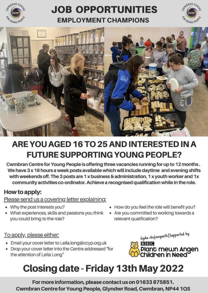 CCYP_Info's tweet photo. Job Opportunities! Please share!📲

Are you aged between 16 and 25 and looking for a role that supports young people? We currently have 3 employment champions roles. You will also have the opportunity to achieve a recognised qualification while in the role.Deadline is Friday https://t.co/v0tvz1I3lJ