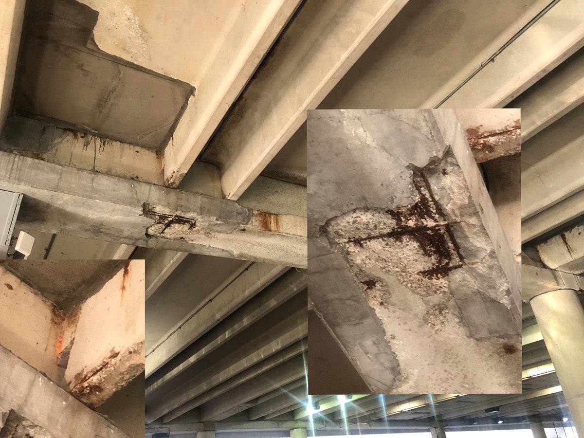 chipnator's tweet photo. Alewife station was repaired… but the spalling came back… and now there is a chunk missing from the end of the beam, right above the bus stop. https://t.co/DrNMUoibFU