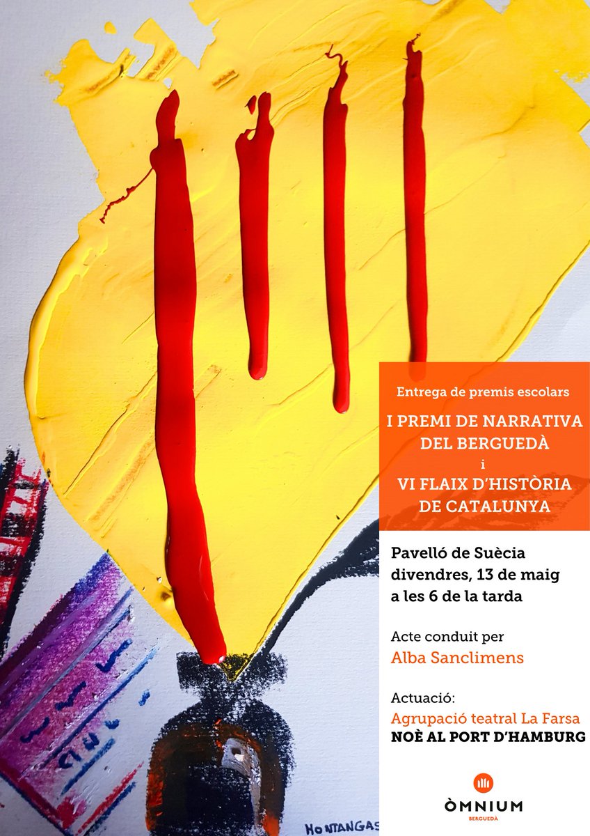 omniumbergueda's tweet photo. 📚Entrega de premis escolars: I PREMI DE NARRATIVA DEL BERGUEDÀ i VI FLAIX D’HISTÒRIA DE CATALUNYA📚

📆 divendres, 13 de maig
📌 Pavelló de Suècia
⏰ 18h

🎤conduït per Alba Sanclimens. Actuació teatral @lafarsaberga amb l'obra NOÈ AL PORT D’HAMBURG. https://t.co/pjwIJSMeXa