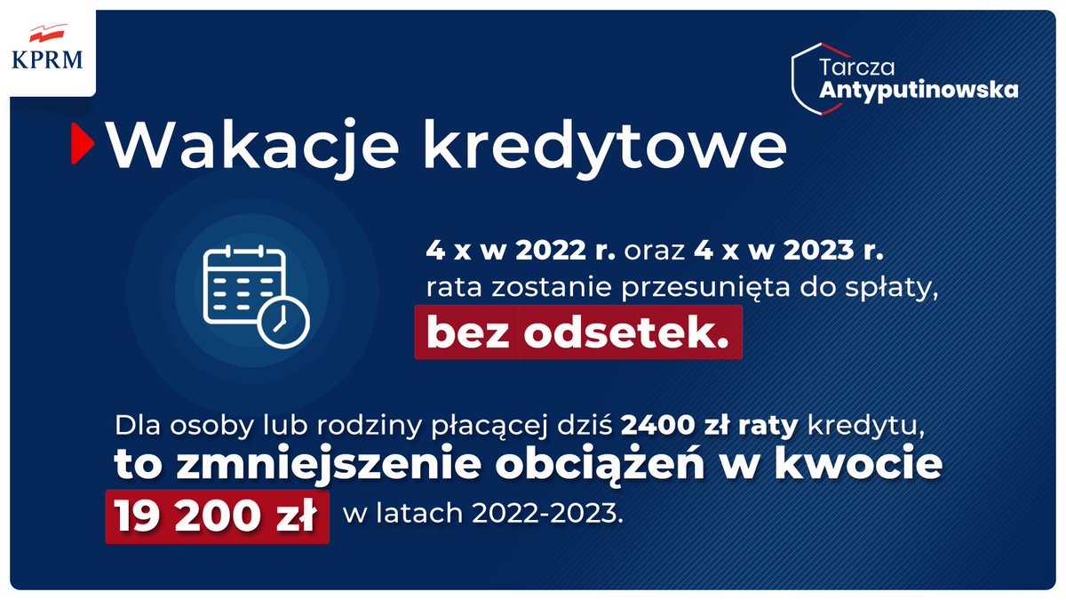 PremierRP's tweet photo. Wakacje kredytowe to nawet 8 miesięcy bez spłaty rat kredytowych. ⤵ https://t.co/GIEw3uiYKK
