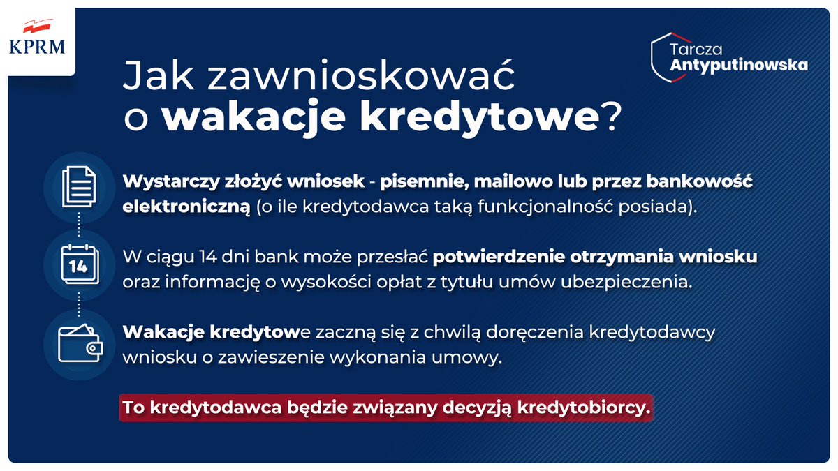 PremierRP's tweet photo. Wakacje kredytowe to nawet 8 miesięcy bez spłaty rat kredytowych. ⤵ https://t.co/GIEw3uiYKK