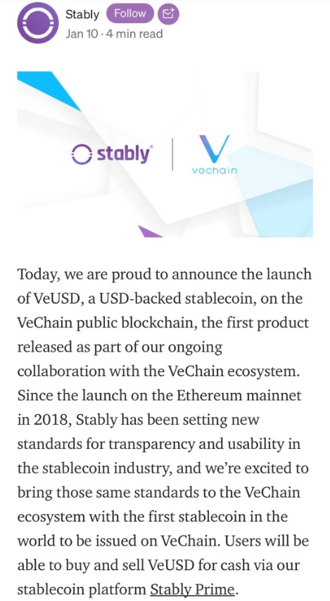 Real world adoption requires regulatory compliance.

#VeChain's #StableCoin, $VeUSD, is issued by a US licensed company, <a href="/Stably_Official/">Stably</a>, with audited 1:1 USD backing and guaranteed value. 

Compliance is how #VeChainThor wins the mass adoption marathon. #Blockchain $VET $UST