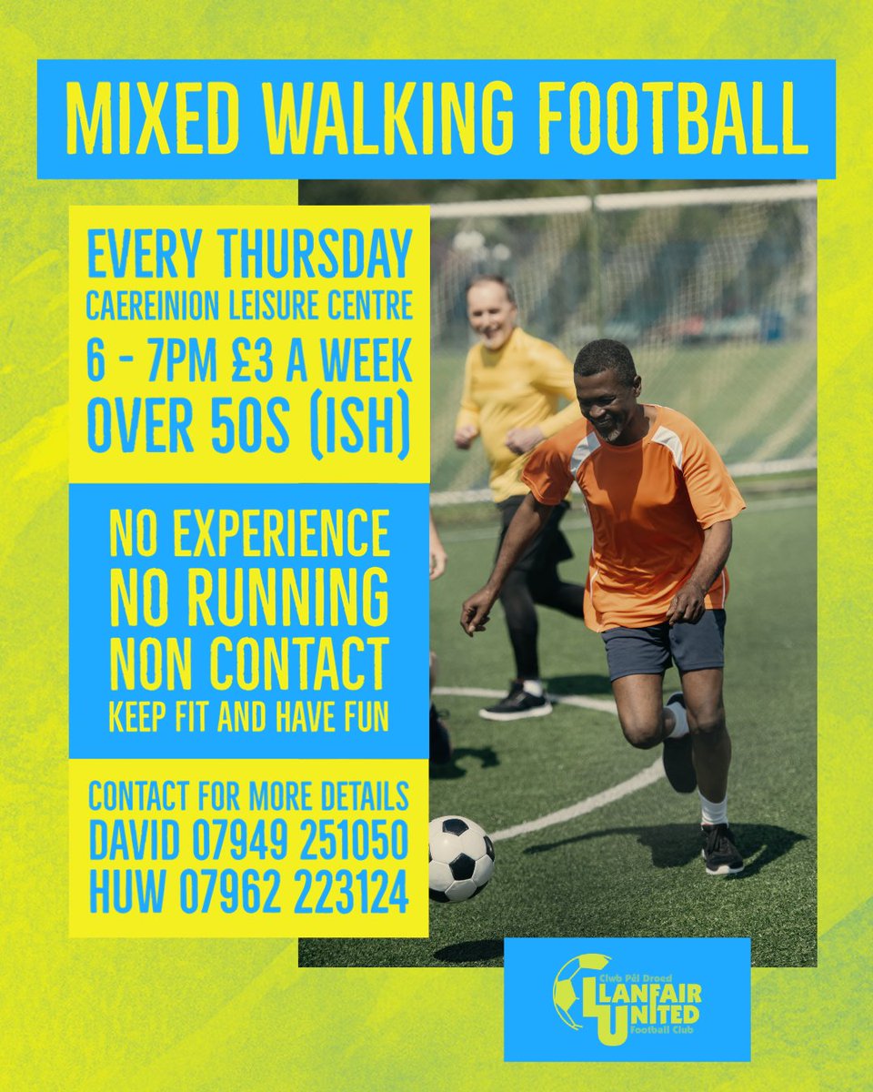 LlanfairUtdFC's tweet photo. 🚶‍♂️⚽️ Walking Football⚽️🚶‍♀️

Every Thursday | 6pm | £3

@caereinion_LC 

⚪️⚽️🔵 https://t.co/UYNjeWBNKW