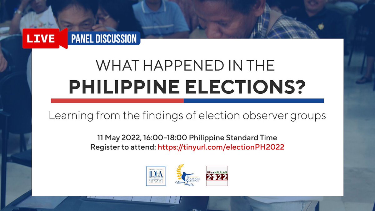 JMReiner's tweet photo. Election Forum tomorrow.

International and local observer groups (i.e. The Carter Center, ANFREL, NAMFREL, Lente, Kontra Daya) will discuss their findings on the recent election. 

This is organized by International IDEA and UP Department of Political Science. https://t.co/kIZTv3LRXC