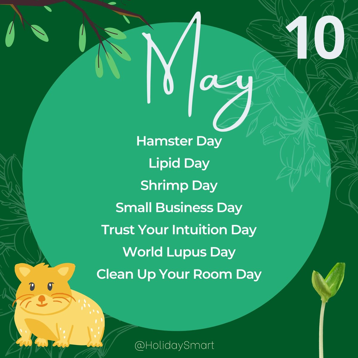 HolidaySmart's tweet photo. Celebrate these daily fun holidays today!
#CleanUpYourRoomDay #HamsterDay #LipidDay #OneDayWithoutShoes #ShrimpDay #SmallBusinessDay #TrustYourIntuitionDay #WorldLupusDay
Celebrate any of these fun and awareness holidays today and create more fun!
https://t.co/SUB0UhxW5i https://t.co/vLmee3LGM4