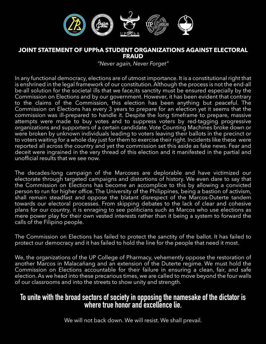LOOK: Joint Statement of UPPhA Student Organizations on Electoral Fraud