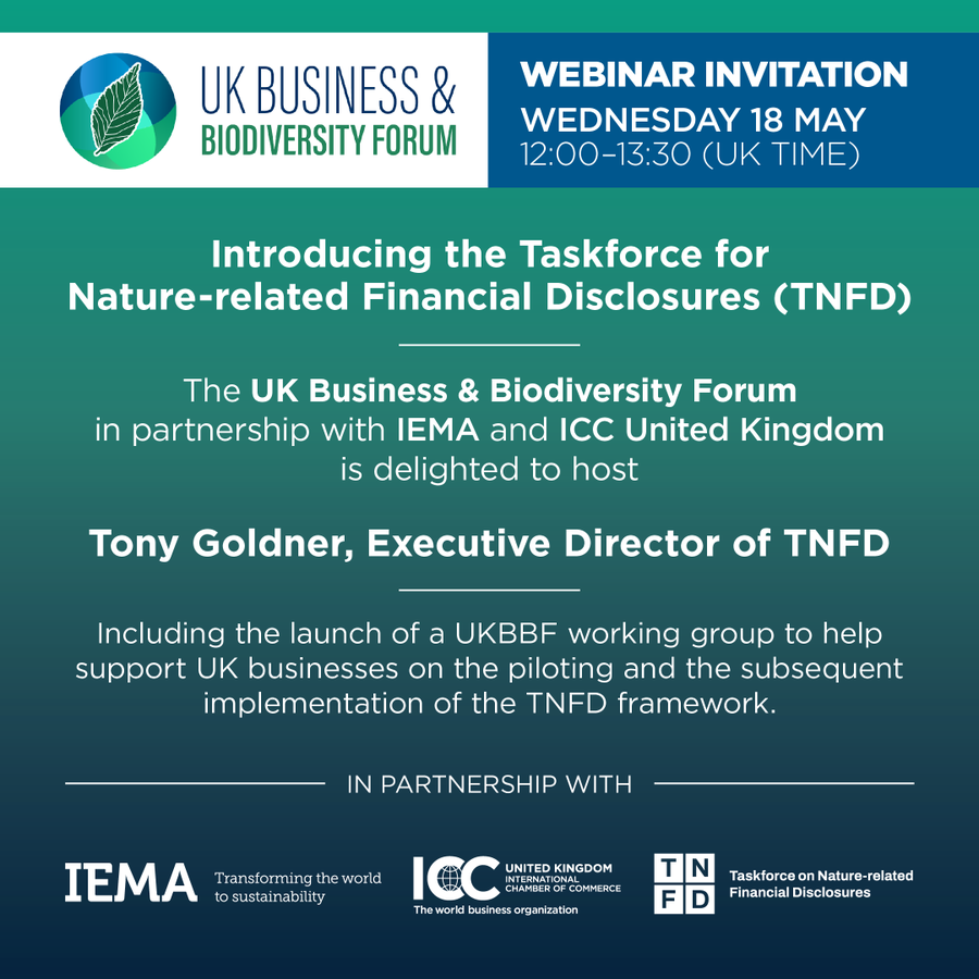 WilsonSustain's tweet photo. Join @IEMA, @iccwboUK and UK Business and Biodiversity Forum to talk about @TNFD_ 's new Nature related Management and Disclosure Framework, what's in it, who it's for, and how it will help business become nature positive, inc. a business panel discussion. https://t.co/h8ihgQsLXv https://t.co/wmOkZPWV0v