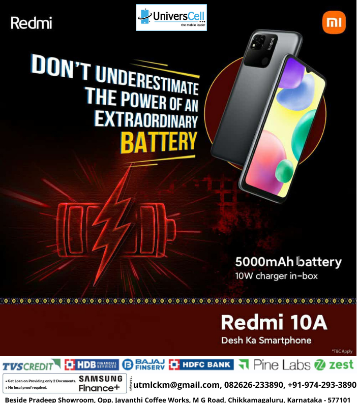 universcell's tweet photo. 𝐑𝐄𝐃𝐌𝐈 𝟏𝟎𝐀 Universcell The Mobile Leader

Visit now : Universcell mobile shop, Beside Premdeep Showroom, Opp. Jayanthi Coffee Works, M G Road, Chikkamagaluru, Karnataka - 577101

Contact : +91 97429 33890

#universcell
#Redmi10A
#vishcreatives https://t.co/RSEyweMd72