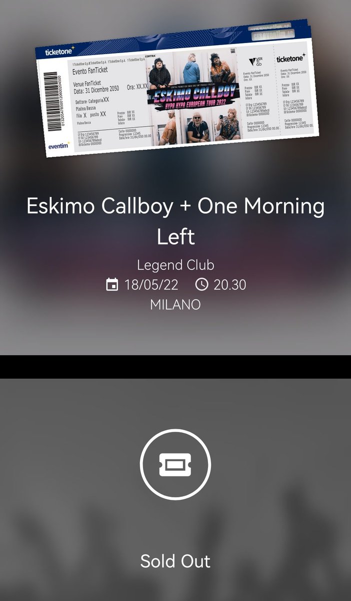 Cerco un biglietto per Eskimo (Electric) Callboy + One Morning Left + Blind Channel del 18/05/2022 a Milano, Legend Club! 🙏🏻

#cercobiglietti #vendobiglietti #eskimocallboy #electriccallboy #onemorningleft #blindchannel #ticketone #fansale