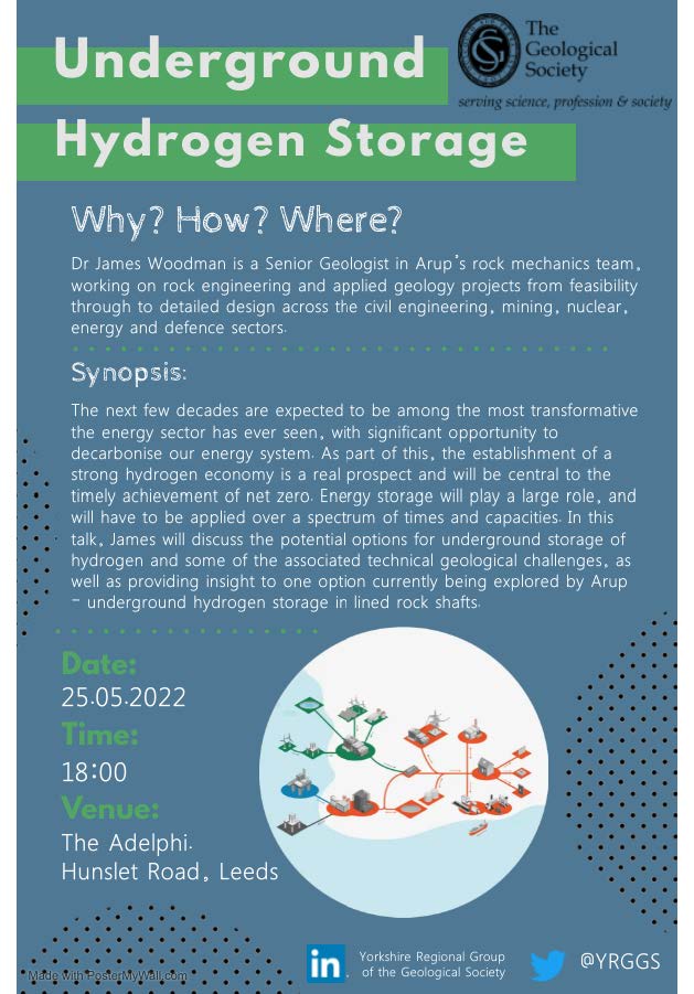 We have had a slight change to the upcoming event on 'Underground Hydrogen Storage' being delivered by Dr James Woodman.

The event will now take place on the 25th May at 6pm at the Adelphi in Leeds.

We hope to see you there.