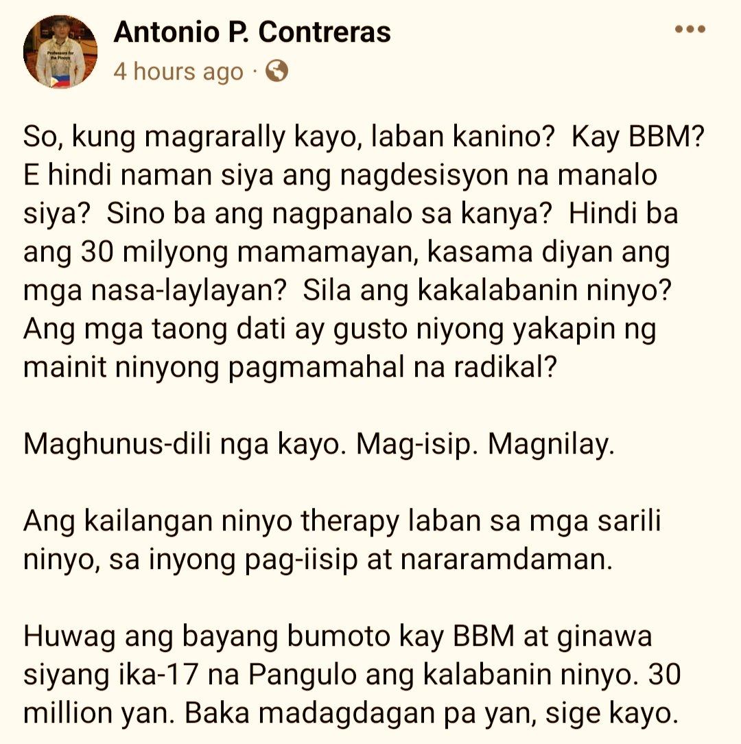 pinoyanghang's tweet photo. "Ang kailangan ninyo therapy... ."

—Prof. Antonio Contreras, on the call of students from a handful of NCR universities to suspend classes to rally against a BBM presidency https://t.co/taHZSF4Eq6