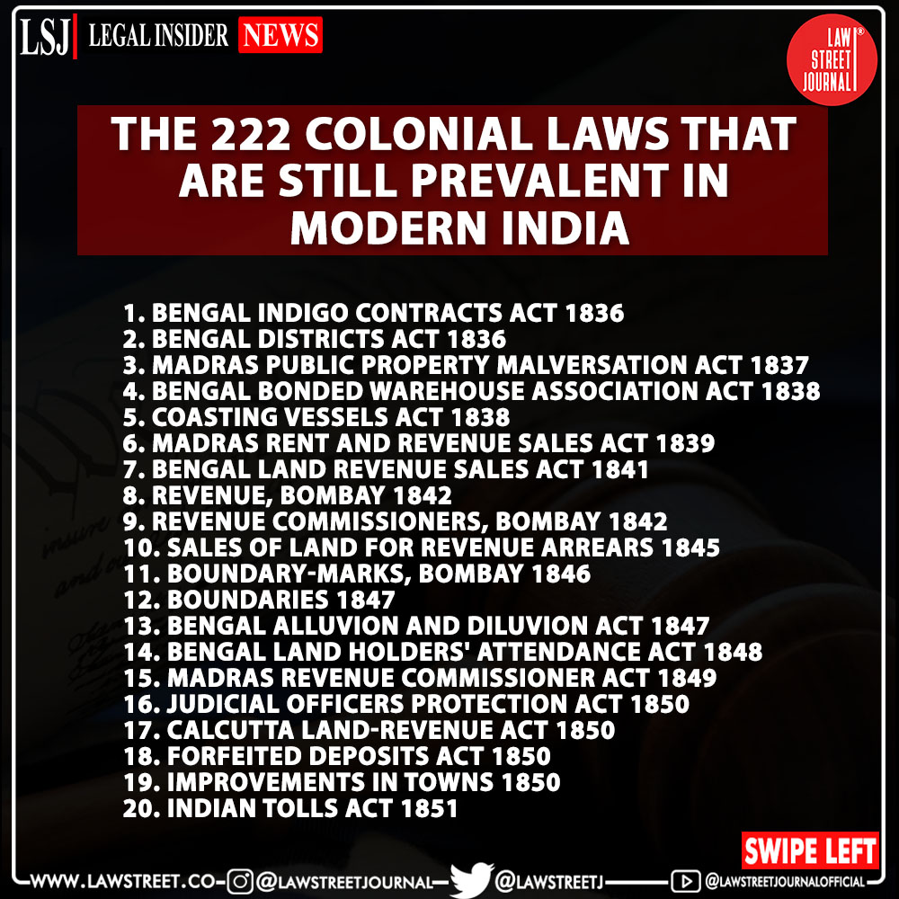 LawstreetJ's tweet photo. The 222 #Colonial Laws which are still prevalent in modern India. READ LIST !
.
.
@LawstreetJ @AshwiniUpadhyay #coloniallaws #colonialindia #india #jurisdiction #indianjudicialsystem #ashwiniupadhyay https://t.co/jJ0f4IGUQC