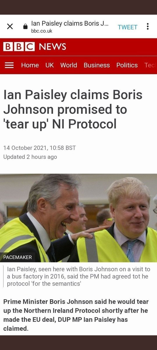 STARBRIGHT164's tweet photo. @jriddell @LesleyRiddoch #BrexitLies 'tear up' NI Protocol 
#BrexitBribes DUP Bi££ions 
#resignjohnson @BorisJohnson https://t.co/s8TqXvcWar