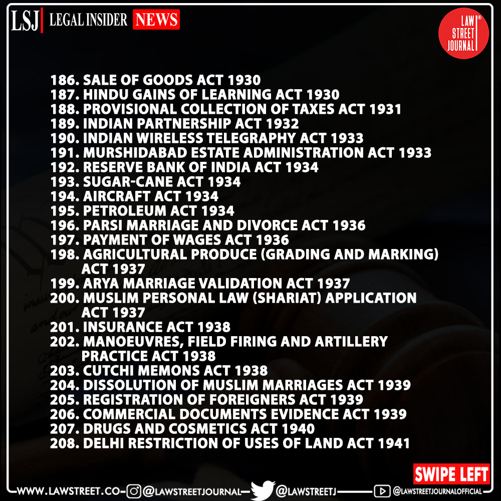 LawstreetJ's tweet photo. The 222 #Colonial Laws which are still prevalent in modern India. READ LIST !
.
.
@LawstreetJ @AshwiniUpadhyay #coloniallaws #colonialindia #india #jurisdiction #indianjudicialsystem #ashwiniupadhyay https://t.co/kTmozitwq7