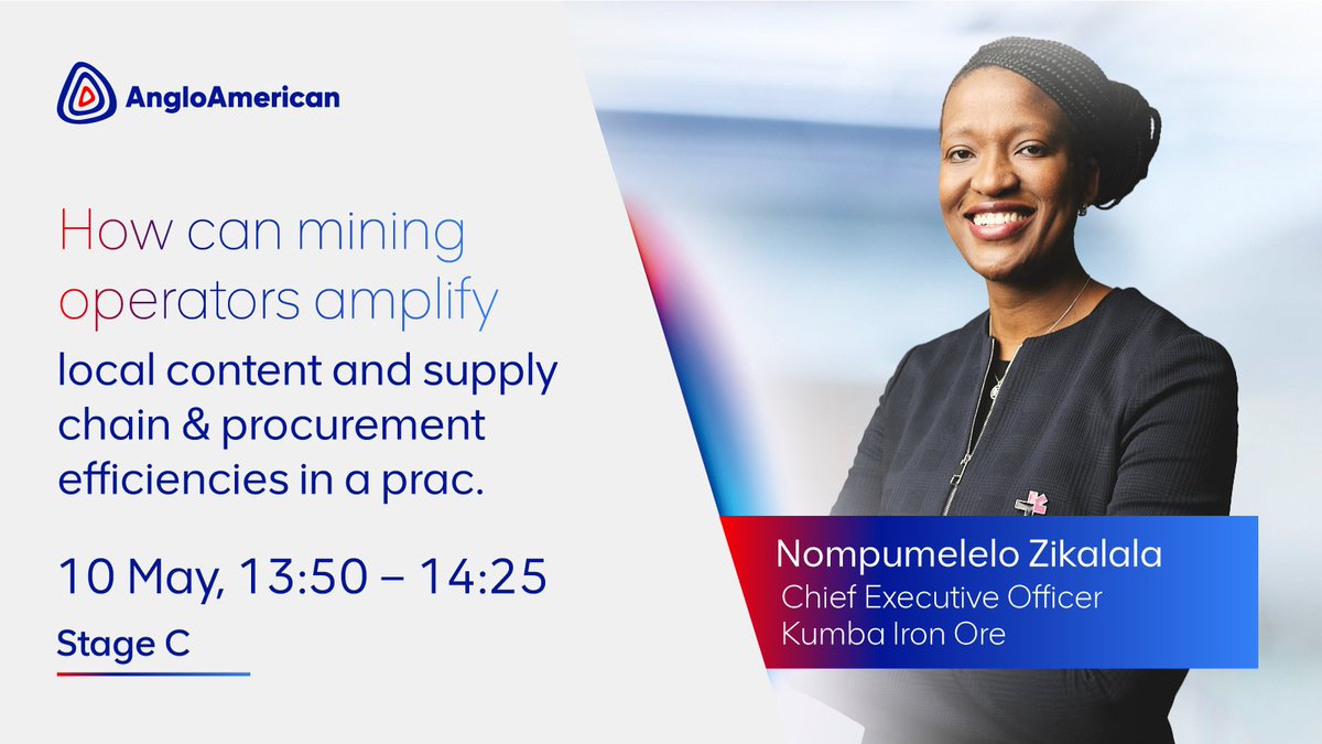 AngloAmericanZA's tweet photo. Starting soon: How can mining operators amplify local content and supply chain & procurement efficiencies with Mpumi Zikalala, Chief Executive Officer of Kumba Iron Ore. #MI22 @MiningIndaba https://t.co/kwHl9HjUU1