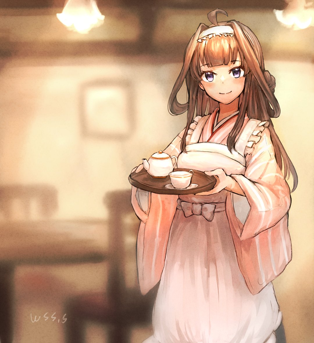 kongou (kancolle) 1girl japanese clothes long hair solo brown hair hair bun double bun  illustration images