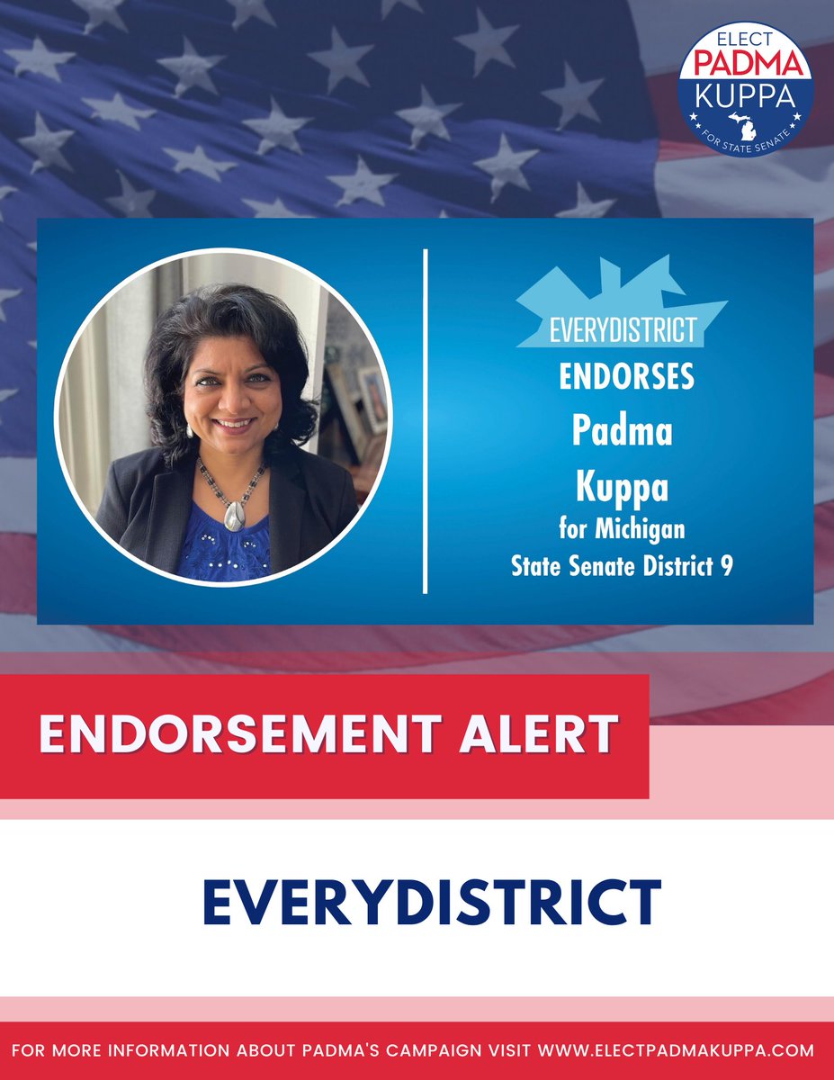 VotePadmaKuppa's tweet image. Thank you @Every_District , for your endorsement! 
#VoteBlueIn2022 #everydistrict #michigan #mileg #vote