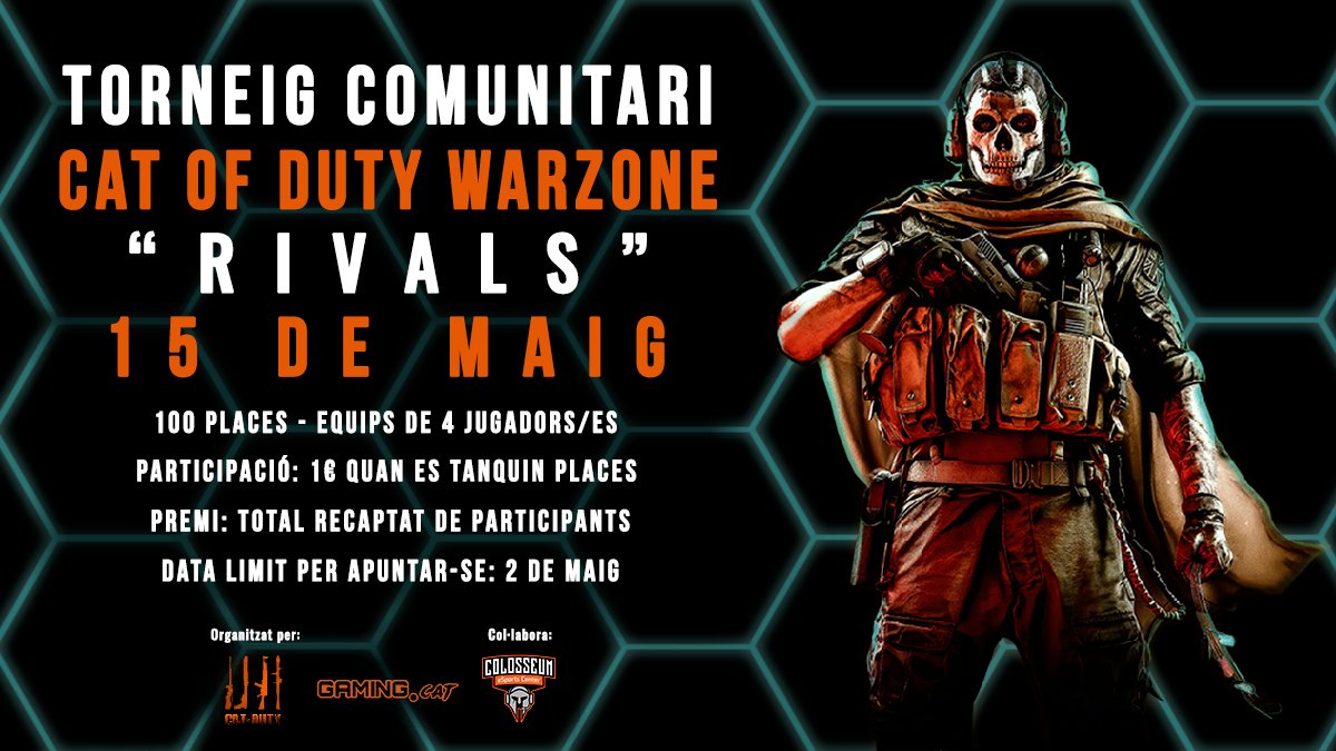 📝Recuerda que tienes una cita con nosotros el Domingo a las 15.00 hrs.

Torneo COD Warzone🎮
Puedes participar tanto online como presencial 👀

Ponte en contacto con <a href="/Gaming_catala/">Gaming.cat</a> 
¡No te lo pierdas!