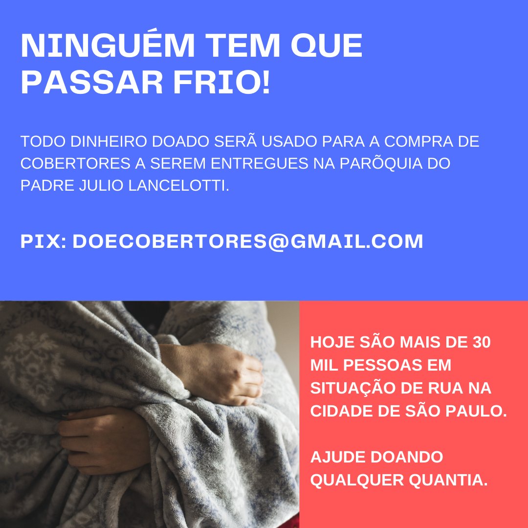gabibianco's tweet photo. Ajude a esquentar um pouquinho a vida de quem está morando na rua. Doe qualquer quantia para doecobertores@gmail.com.
Eu junto tudo, faço a compra e entregamos diretamente pra paróquia do Padre Julio que distribui pra quem precisa. https://t.co/gtw2yZc5gh
