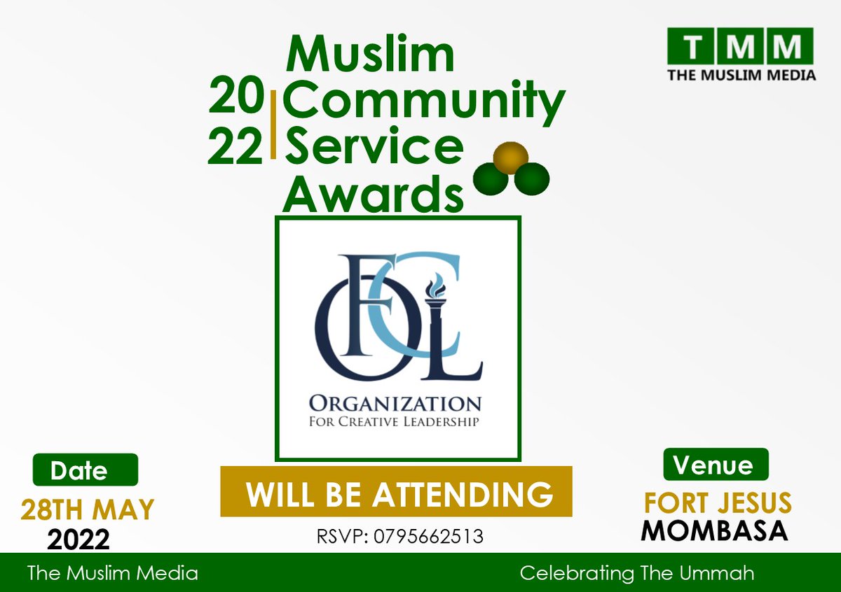 TheMuslimMediaC's tweet photo. From Kwale County, Organization For Creative Leadership (OFCL)  will be attending our Community Service Awards on 28th May in shaa Allah.

The event will be held at Fort Jesus in Mombasa County, in shaa Allah.

#communityserviceawards #muslimcommunityserviceawards #themuslimmedia https://t.co/2vgBZN6BMF