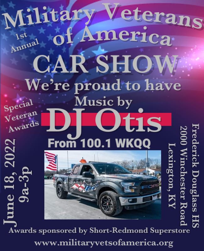 d_parker78's tweet photo. We are so grateful to have DJ Otis from 100.1 WKQQ providing music for our 1st Annual Car Show!  Register your car today! https://t.co/nLvzVzfdqv @DJOtisBadass  @WKQQLexington @WKYT @Military_VA https://t.co/QoFTb7sLlE