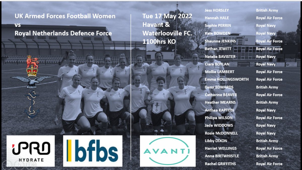 UK Armed Forces Football Women (@ukafwomen) on Twitter photo We are back in action! ๐ฌ๐ง๐ณ๐ฑโฝ๏ธ
This time next week <a href="/UKAFWomen/">UK Armed Forces Football Women</a> host the Royal Netherlands in Portsmouth <a href="/HWFCOfficial/">Havant & Waterlooville FC</a> for the Presidents Cup ๐
Huge thank you to our partners @Avanti_plc <a href="/iPROHydrate/">iPRO Hydrate</a> <a href="/BFBSSport/">BFBS Sport</a> once again.
Free entry. We are back in action! ๐ฌ๐ง๐ณ๐ฑโฝ๏ธ
This time next week <a href="/UKAFWomen/">UK Armed Forces Football Women</a> host the Royal Netherlands in Portsmouth <a href="/HWFCOfficial/">Havant & Waterlooville FC</a> for the Presidents Cup ๐
Huge thank you to our partners @Avanti_plc <a href="/iPROHydrate/">iPRO Hydrate</a> <a href="/BFBSSport/">BFBS Sport</a> once again.
Free entry.