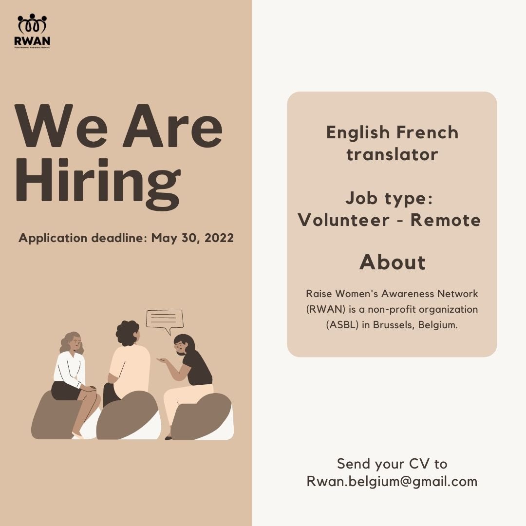 📢RWAN is #hiring an English-French translator! 

✨ 𝗦𝗸𝗶𝗹𝗹𝘀
> Microsoft office 
> Canva

✨ 𝗟𝗮𝗻𝗴𝘂𝗮𝗴𝗲𝘀
> French Native
> English fluent

Interested? Send us your CV on LinkedIn or at Rwan.belgium@gmail.com