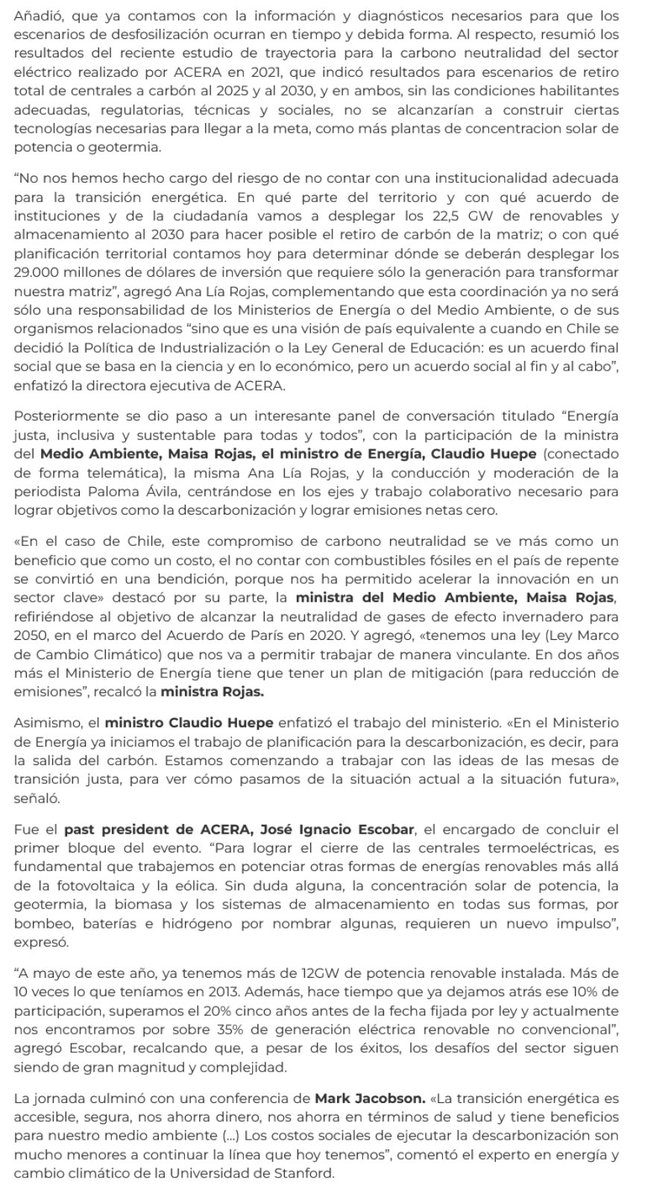 "Para la transición energética que tanto anhelamos, debemos contar con una institucionalidad y gobernanza que hoy no existe." 

Lea un excelente resumen de los dichos y visiones recogidas en el Encuentro Anual de Energías Renovables y Almacenamiento 2022 organizado por <a href="/ACERAAG/">ACERA A.G.</a>.