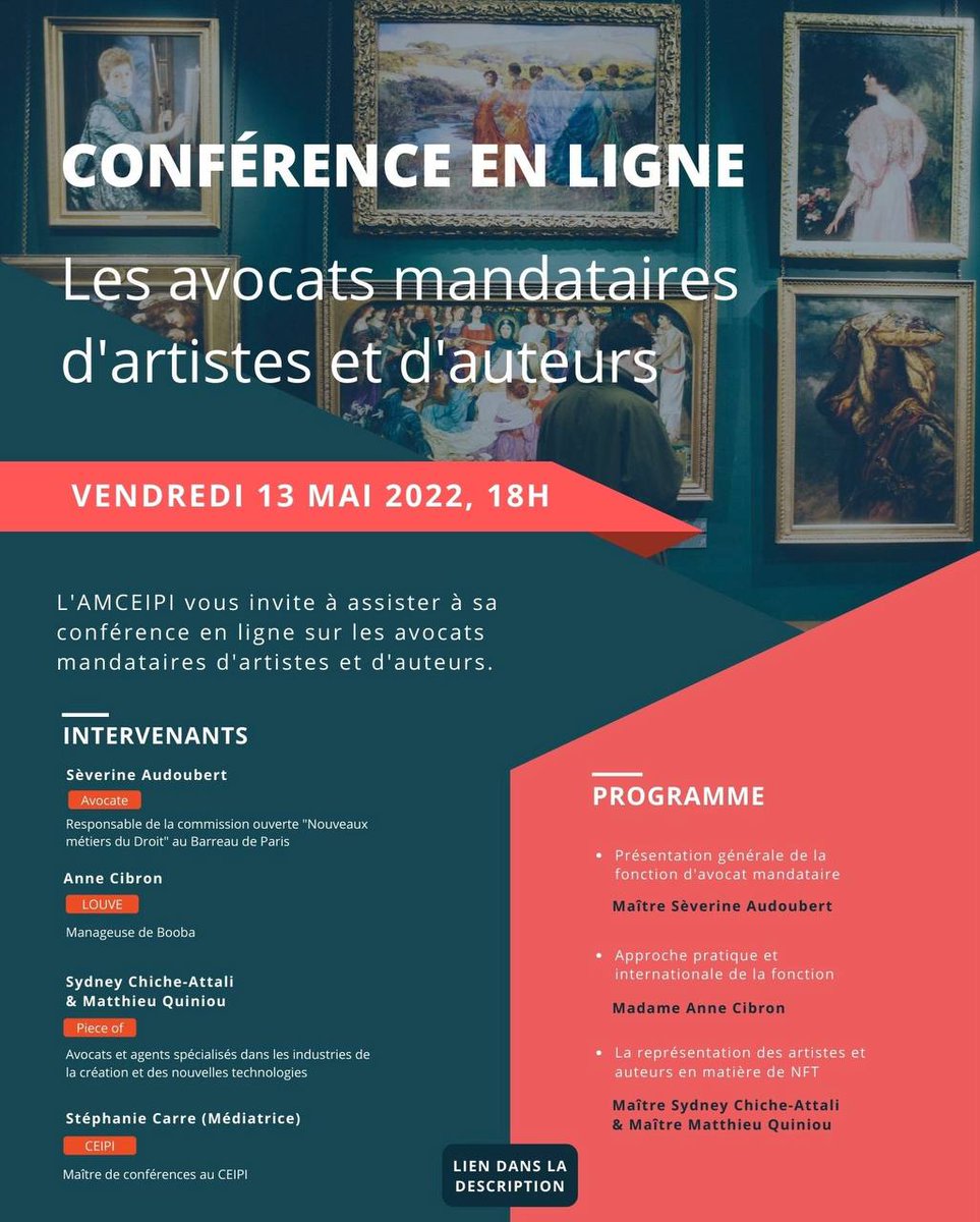 CEIPIStrasbourg's tweet photo. 🗓 [SAVE THE DATE]

Le vendredi 13 mai à 18h aura lieu en ligne, une conférence sur les avocats mandataires d’artistes et d’auteurs. 🎨

Lien zoom : https://t.co/MyO4cfdY3D https://t.co/Evm2bVuZrn