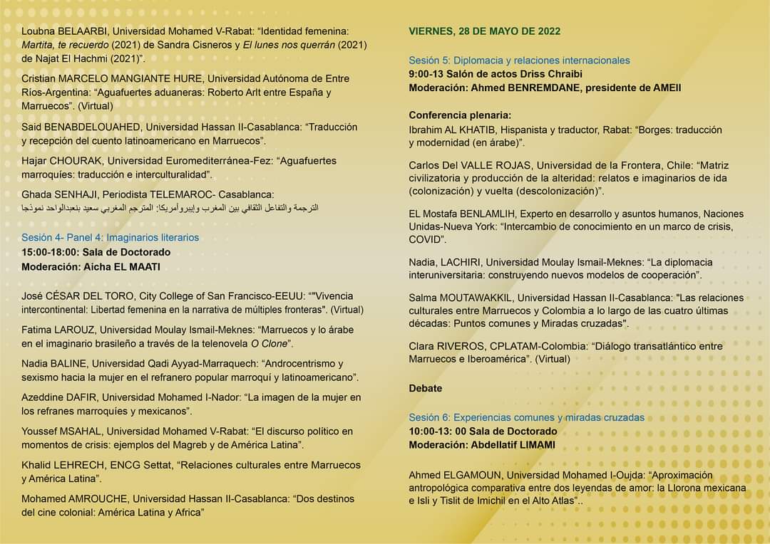 CLARARIVEROS's tweet photo. El viernes 28 de mayo comentarán   📚📖 #DiálogoTransatlántico entre #Marruecos e #Iberoamérica durante el panel o sesión 5: «#Diplomacia y #RelacionesInternacionales».

#África #Magreb 
Congreso Internacional #AMEII #UniversidadHassanII #Casablanca 🇲🇦 https://t.co/7QRsLGkwX1