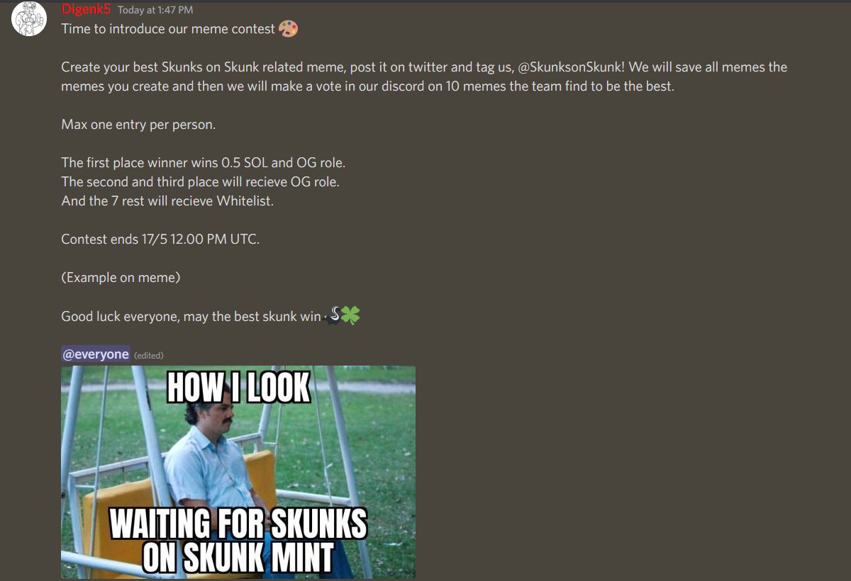 SkunksOnSkunk's tweet photo. Meme contest is now live!

Create your best @SkunksOnSkunk related meme and tag us here on twitter for your chance to win 0.5 SOL and OG in our discord 🍀🦨🎨

All details could be found in our discord server https://t.co/vPk3BDyBXi

#Giveaway  #art #nft #solana #Whitelist https://t.co/fHe0g0h17L