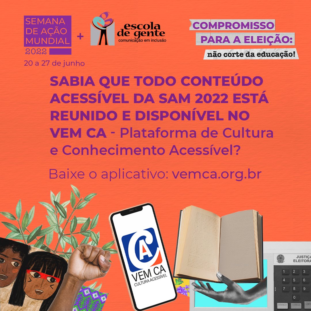 🗣️ VEM CA + #SAM2022: Comunicação acessível em prol da educação!

A Semana de Ação Mundial tem seus materiais acessíveis, como o Manual da SAM, disponibilizados no VEM CA, plataforma de Cultura e Conhecimento Acessível da <a href="/escoladegente/">Escola de Gente</a>!
