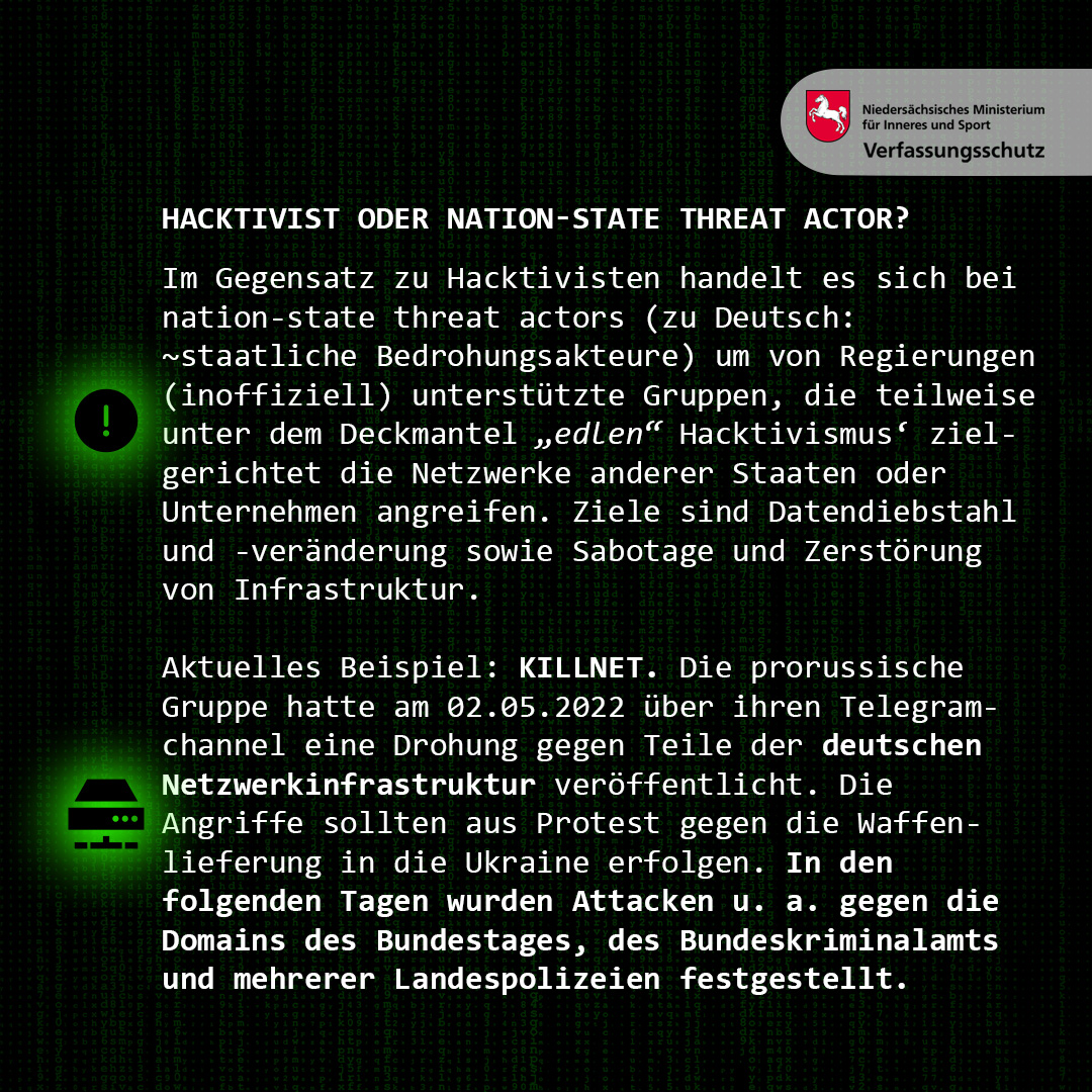 LfV_NI's tweet photo. #Hacktivismus | Herkunft und was der Begriff bedeutet, erfahrt ihr im Post. Erstmals verwendet wurde das Wort bereits Mitte der 90er Jahre.
Was meint ihr: Robin Hoods des Internets oder zu verurteilende Selbstjustiz? https://t.co/y8zieUmWRf