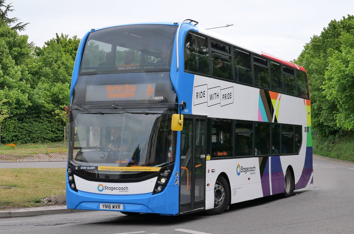 brianseast's tweet photo. SSEEK 15275 on its first day in its 'Pride' colours on the Triangle at Sturry Road Roundabout, Canterbury this morning (10/05/2022). https://t.co/EsUIMrfJGZ