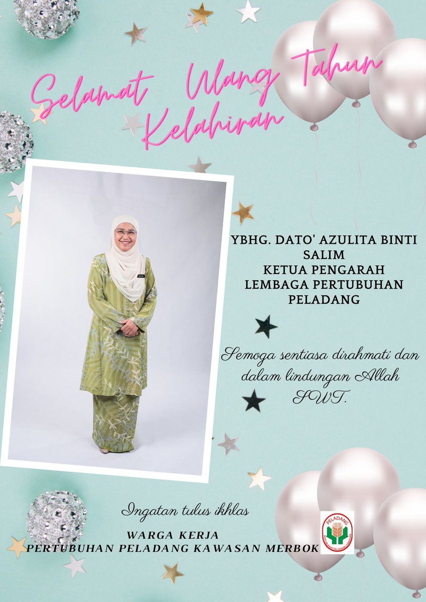 PPKMERBOK's tweet photo. Selamat Ulang Tahun Kelahiran Buat YBhg. Dato' Azulita Binti Salim 
Ketua Pengarah,
Lembaga Pertubuhan Peladang 

Semoga YBhg. Dato' diberikan kesihatan yang baik &amp; sentiasa dalam lindungan Allah S.W.T

@azulitasalim_ 
@LPP_MALAYSIA
@LPP_Kedah https://t.co/tO2Jw0sWdR