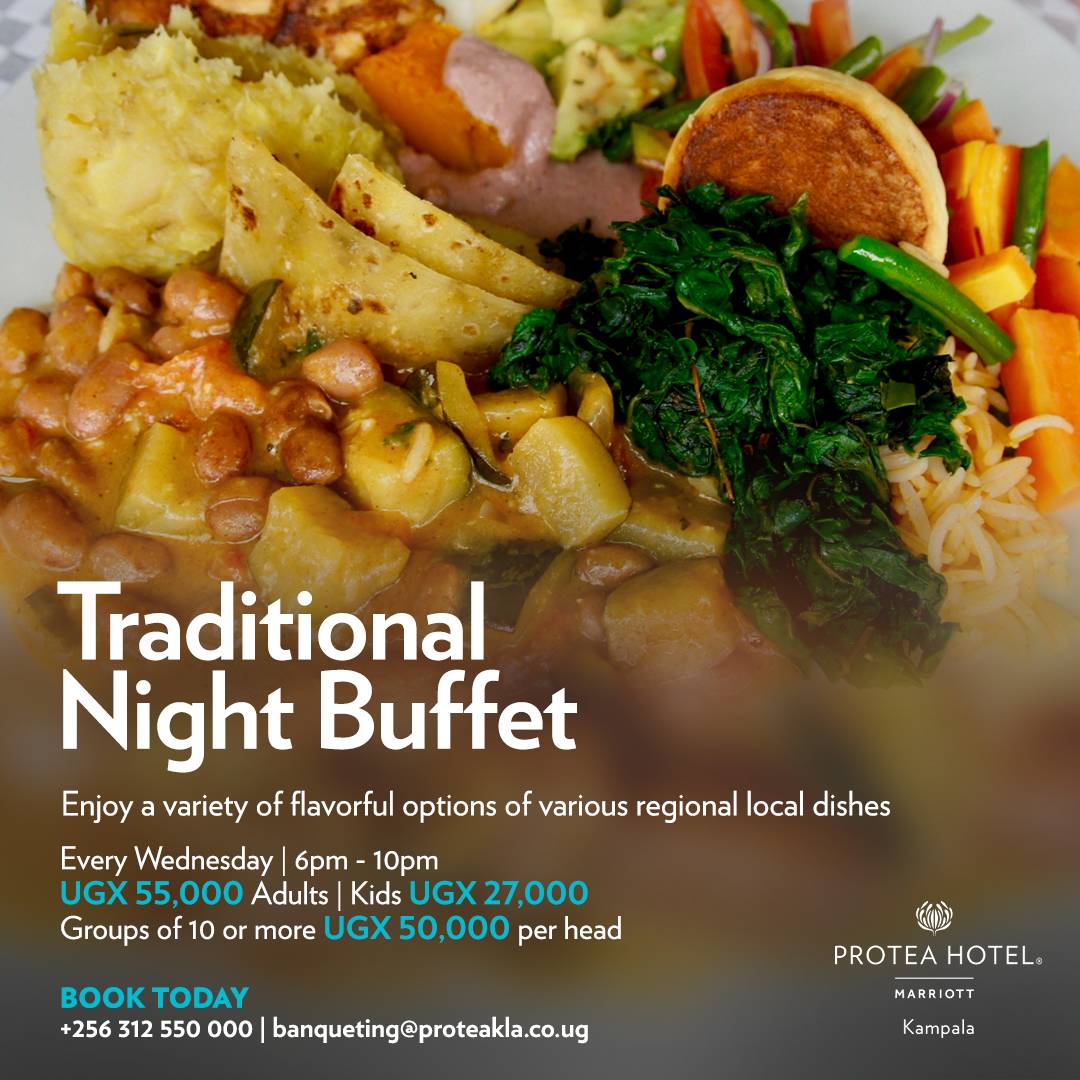 ProteaKampalaH's tweet photo. Enjoy a variety of flavourful local &amp; regional dishes every Wednesday from 6pm to 10pm.

Adults: UGX 55,000
Kids: UGX 27,000

Discounts on groups of 10 or more at UGX 50,000 per person. Book today: 0312550000

#ProteaKampala #TraditionalNight #LocalBuffet https://t.co/HLA5V7qhTH