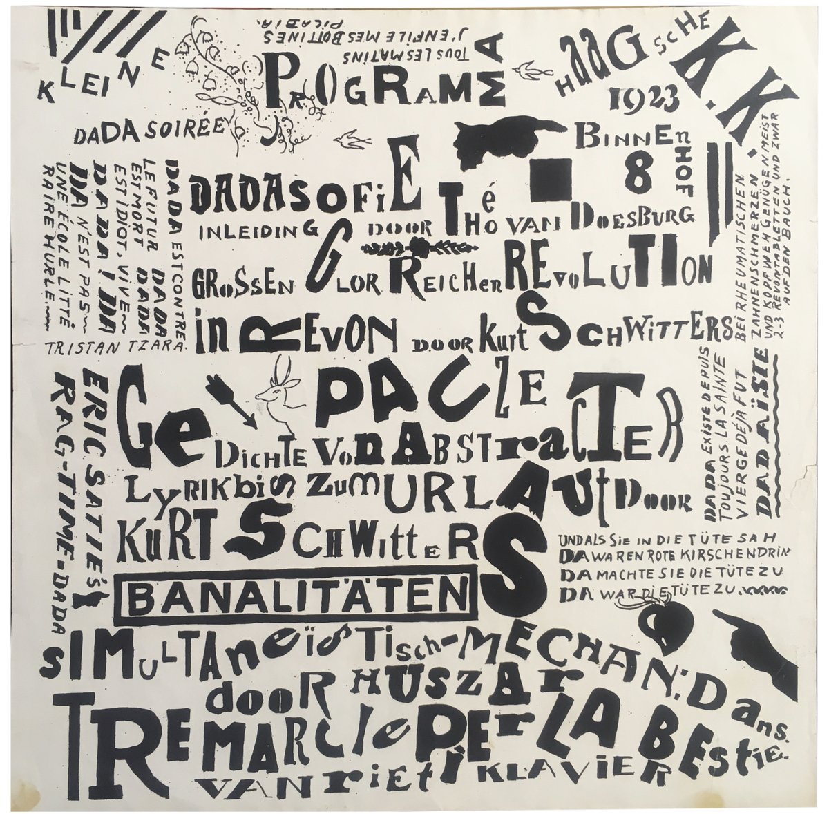 Iliazd_'s tweet photo. Kleine Dada Soirée - Theo van Doesburg with Kurt Schwitters, monochrome proof for the poster (1923)

"Dada est contre le futur, Dada est mort, Dada est idiot, vive Dada" https://t.co/GV4P1TmB3e