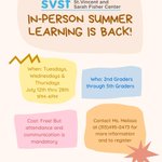 Hip hip hooray! In-person summer learning is back this summer at SVSF! For details and to sign-up, please call Ms. Melissa 313-495-0473. 