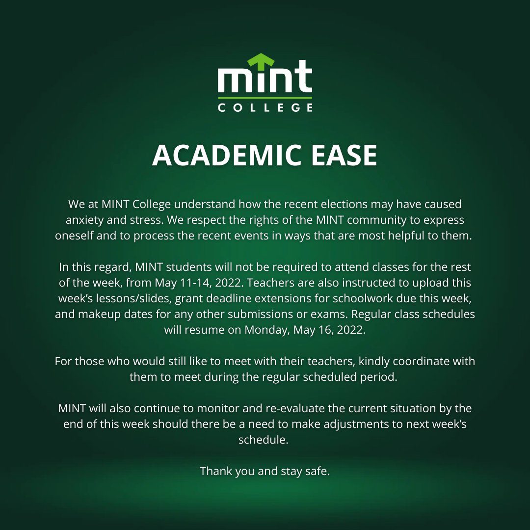 mintschool's tweet photo. IMPORTANT ANNOUNCEMENT

MINT College will be on academic ease from May 11-14, 2022. 

Read more below: https://t.co/a1eR8GyCNk
