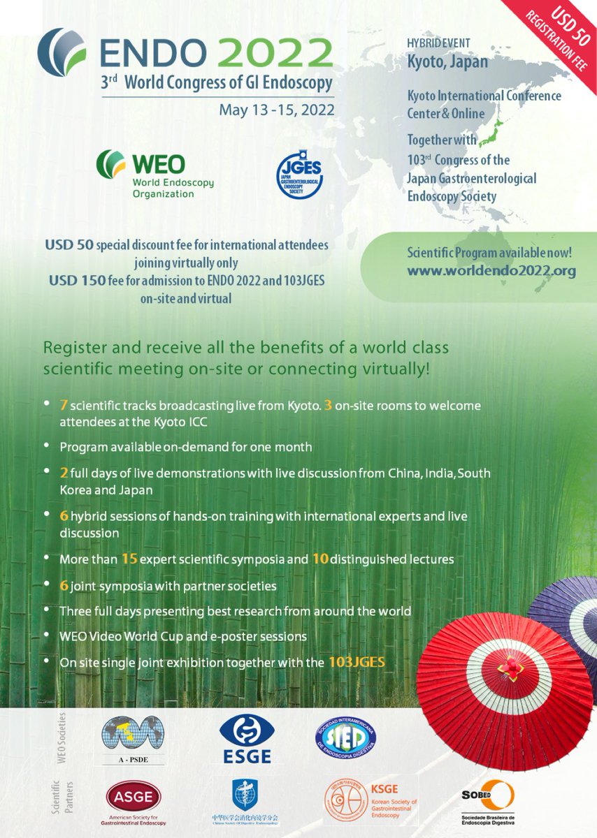 DCharabaty's tweet photo. 🏆50USD can buy you a ✈️to Kyoto !
💻Join us virtually #ENDO2022 🇯🇵 May13-15
🔗 https://t.co/Y0cV9RdXfA
🌏Faculty🔥Topics
🔆Excited to be part of the @WomeninEndo #WIGNAP #JGES session
🎯Women in leadership
🎯Leveraging #SoMe
🎯Past & future of 👩🏻⚕️🇯🇵
🎯COVID-19 & GI endo https://t.co/OvS7qAp8QM