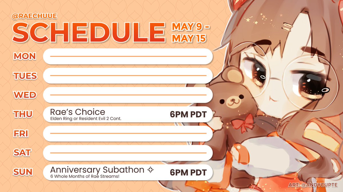 raechuu's tweet photo. 【 WEEKLY SCHEDULE 】
🍁 May 9 - May 15

Only two streams this week ;; We'll see what we're feeling for thursday, then the subathon is this sunday!!
Let's have a super fun week~ 🎉

#raechuuschedule https://t.co/gCgt1SSVck