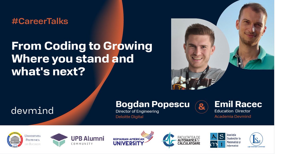upb1818's tweet photo. #UPB te invită să participi la workshop-ul „From Coding to Growing. Where you stand and what's next?”.
Evenimentul va avea loc miercuri, 11 Mai 2022, începând cu ora 18:00 - Live!
ℹ️ https://t.co/EHtXNqLiIQ
#StudentUPB #AbolventUPB #UPBAlumniCommunity #CareerTalks #ACS https://t.co/mkhRDwTs9M