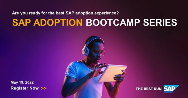 CarlyTrow's tweet photo. Become part of an SAP adoption experience with the most current industry best practices in learning. Register for the SAP Adoption Bootcamp Series, launching May 19, 2022, to ensure the highest level of adoption along your digital transformation journey! https://t.co/35wh3u6uq4 https://t.co/SknEoGhfyz