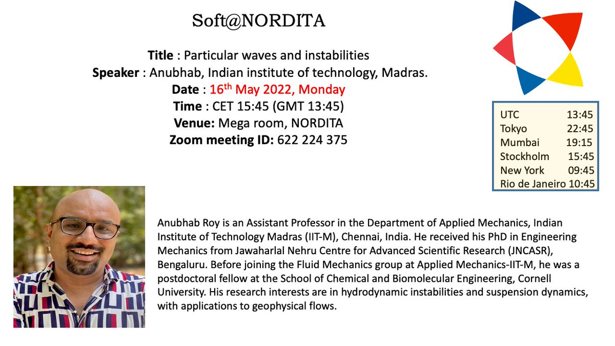 Please tune in today (16th May) at CET 15:45, for the seminar by Anubhab roy on "Particular waves and instabilities".

Location: Mega Room, Nordita
Zoom link: stockholmuniversity.zoom.us/j/622224375