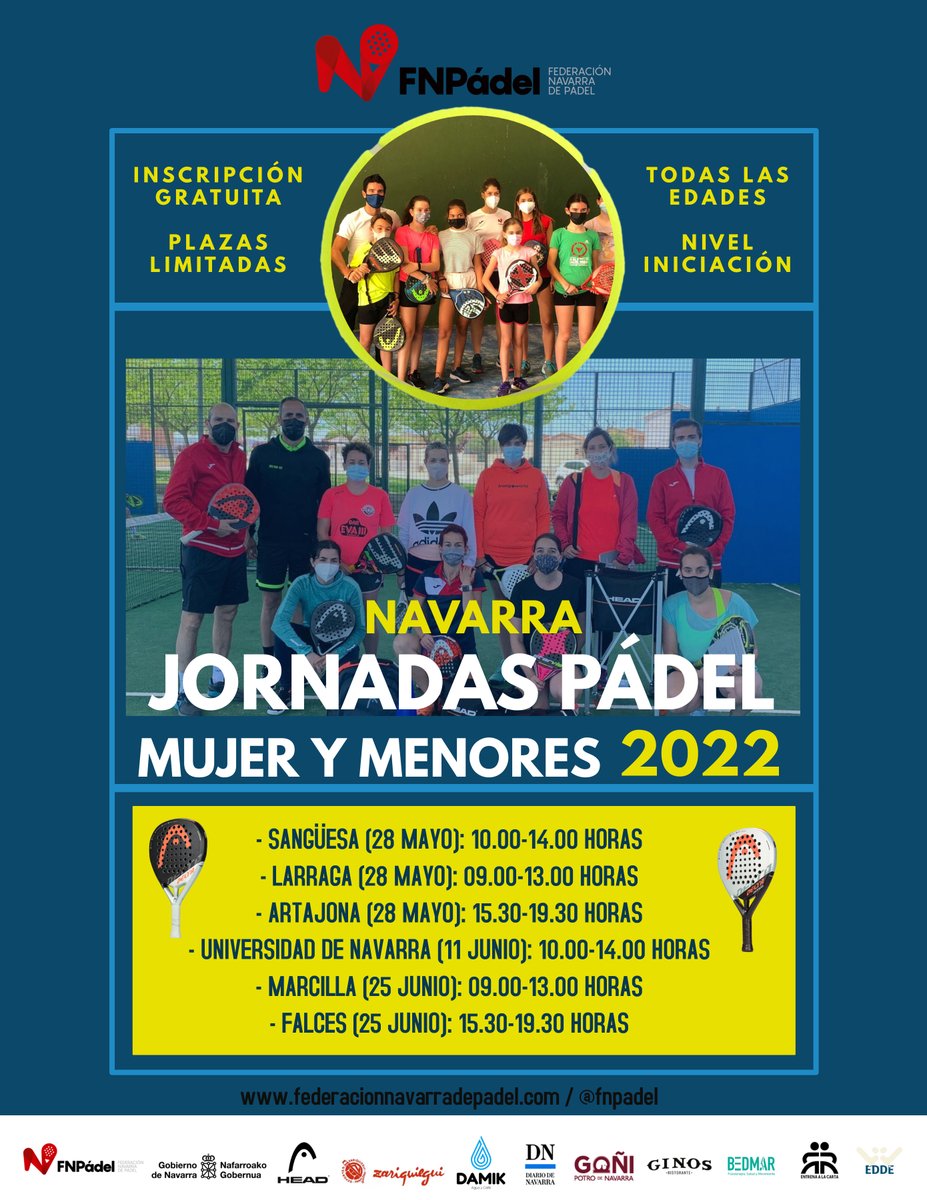 ¿Estás iniciándote en nuestro deporte?
¡Vuelven las Jornadas de Pádel para Mujeres y Menores!
La <a href="/FNPadel/">Federación Navarra de Pádel</a> organizará hasta 6 jornadas en distintos puntos de nuestra comunidad 🙌
💰 Inscripción gratuita
🚻 Todas las edades
¡PLAZAS LIMITADAS! ¡Apúntate! 😉
<a href="/HEAD_PADEL/">HEAD PADEL</a> 
<a href="/deporte_na/">Deporte - Kirola</a>