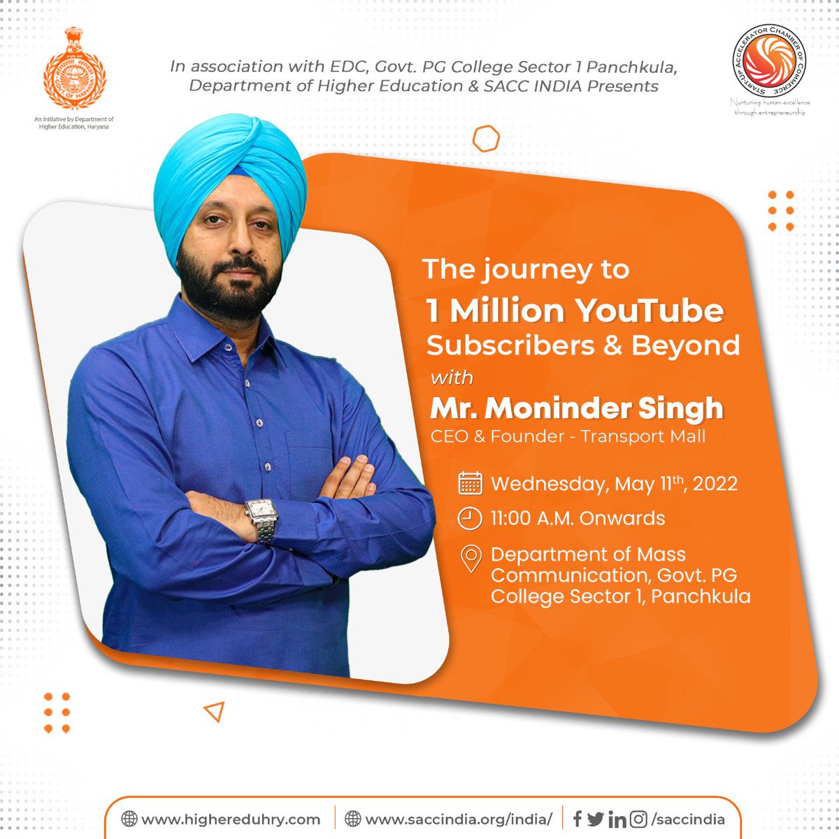 I will share our amazing social media journey on 11th May at Panchkula, organized by #SAACINDIA (Start-up Accelerator Chamber of Commerce, India) &amp; Department of Higher Education Haryana. 🙏
<a href="/saccindia/">Sacc India</a>
<a href="/TRANSPORTTV1/">TRANSPORT TV</a> <a href="/TransportMall1/">Transport Mall</a>
