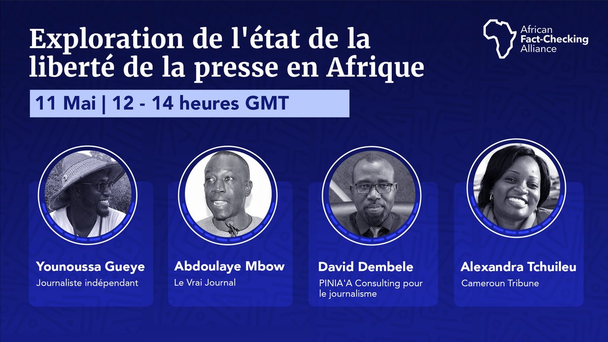 Découvrez l'état de la liberté de la presse en 🌍

Rejoignez <a href="/Alex_Tchuileu/">Alexandra TCHUILEU</a> (<a href="/CamerounTribune/">Cameroon Tribune</a>), Abdoulaye Mbow (Le Vrai Journal), Younoussa Gueye + David Dembele (PINIA'A Consulting) pour une discussion sur ce sujet.

⏰ 11 Mai, 12 - 14 heures GMT

✍️ bit.ly/39oYnt1